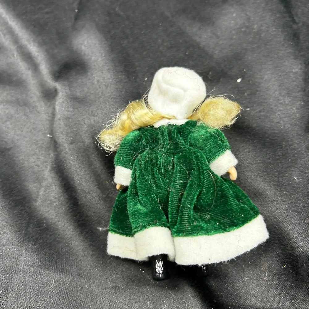 Vintage Miniature Porcelain Doll Green Velvet Winter Coat Blonde Pigtails 4 inch